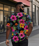 Men's Plus Size Hawaiian Pink Floral Print Henry Collar Button Short Sleeve Tee